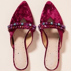 New In Box (Not Original Box But In The One Sent From Anthropologie), Farylrobin Tarray Embellished Velvet Flats In Ruby/Fuchsia. These. Are. Gorgeous. Perfect Party Shoe Or Pampering, Wear-Around-The-House-Because-You-Deserve-To-Feel-Special Shoe.... You Decide! Velvet Mules, Ruby Color, Velvet Flats, Floral Flats, Anthropologie Shoes, Pointy Toe Flats, Bow Flats, Suede Flats, Gorgeous Shoes