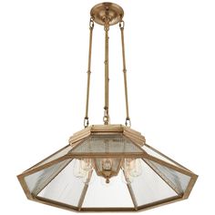 a light fixture with three lights hanging from it's center and two small glass shades on