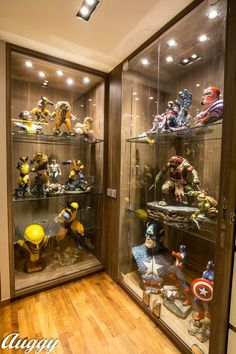 a display case filled with lots of action figures and figurines in glass cases