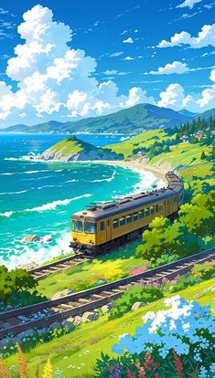 a painting of a train going down the tracks by the ocean