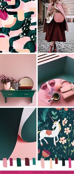 a collage of photos with pink and green accents