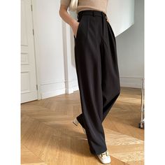 Fall Suit Wide Leg Pants  Material: 100% Polyester  Size: S, M, L, XL Color: Black  Season: Spring, Fall,   Occasion: Leisure, Outdoor, Daily, Vacation,Fall Outfits Black Full-length Pants For Business Casual, Black Dress Pants Loosely Fitted For Spring, Black Dress Pants With Loosely Fitted Hips For Spring, Black Full Length Wide Leg Pants For Office, Baggy Black Full-length Dress Pants, Black Wide Leg Office Pants, Black Wide Leg Full Length Pants For Office, Office Wide Leg Black Pants, Black Baggy Bottoms For Formal Occasions