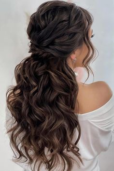 15+ Half Up Half Down Hairstyles For 2024 Wedding Hairstyles Brown Hair With Veil, Curly Half Updos For Long Hair, Bridesmaid Hair Curly Natural Half Up, Long Brown Hair Wedding Hairstyles, Maid Of Honor Hairstyles For Long Hair Half Up, Maggie Curls, Dark Brown Wedding Hair, Wedding Hairstyles For Bride Half Up, Wedding Hairstyles Dark Hair