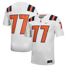 Show off your Illinois Fighting Illini pride with this #77 Untouchable Football Jersey from Nike. This replica jersey features heat-sealed graphics, a satin woven jock tag, and a stitched fabric applique at the collar for a look that mirrors what the Illini wear on the gridiron. Its loose fit allows for a comfortable, full range of motion whether you're cheering in the stands or celebrating a touchdown at a tailgate. Sporty White Tops With Mascot, White Nike Jersey For Fan Gear, Nike Collegiate Jersey With Team Logo, White Mascot Top For Football Season, Nike White Jersey For Fan Gear, Nike Collegiate Jersey With Team Name, White College Tops With Mascot, Nike White Sporty Jersey, Collegiate Nike Jersey For Fan Gear