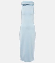 Hooded jersey midi dress in blue - Alaia | Mytheresa Chic Stretch Longline Dress, Chic Longline Stretch Dress, Solid Color Midi Dress With Side Slits, Solid Knee-length Midi Dress With Side Slits, Knee-length Midi Dress With Side Slits, Blue Elastane Midi Dress For Night Out, Fitted Elastane Midi Dress, Spring Bodycon Longline Dress, Spring Longline Bodycon Dresses