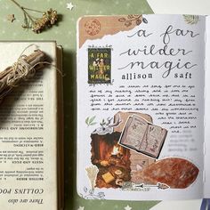 an open book sitting on top of a table next to a candle and some dried herbs