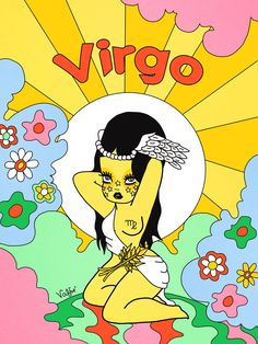 an image of a woman with wings on her head in front of flowers and the word virgo