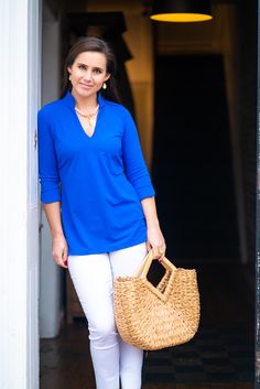 Katherine Way Largo Tunic Chic Spring Tunic For Workwear, Chic Spring Workwear Tunic, Elegant Spring Tunic With Split Neck, Elegant Split Neck Tunic For Spring, Elegant Split Neck Spring Tunic, Royal Blue Tops, Blue Tops For Women, Royal Blue Top, Everyday Wardrobe