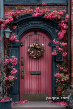 a red door with pink flowers on it