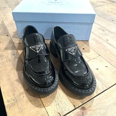 Excellent Condition Worn Once Triage Logo Patent Leather Loafers Black Stacked Block Heel 2” Made In Italy Comes With Box Prada Women, Shoes Prada, Patent Leather Loafers, Prada Shoes, Leather Loafers, Flat Shoes Women, Loafer Flats, Patent Leather, Block Heels