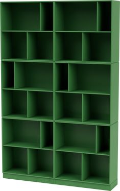 a green bookcase with many compartments on each side and one section open to show the contents