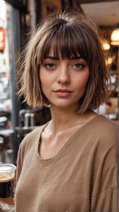 Short Hair With Short Fringe, Short Hair Bangs Square Face, Neck Length Bob With Bangs, Bangs For Round Face Short Hair, Textured Bob With Fringe, Short Bob With Bangs Round Face, Fringe Bangs Short Hair, Franje Pony