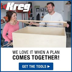 a man and woman standing in front of a wooden box with the words kreg on it