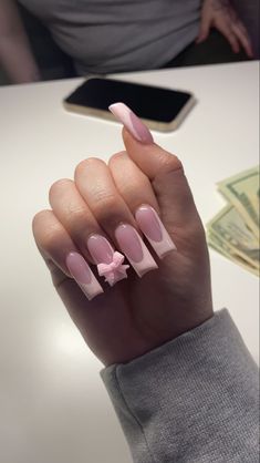 Ballerina Aesthetic Nails, 90 Acrylic Nails, Box Acrylic Nails, Girly French Nails, Nail Sets Acrylic Medium, Acrylic Basic Nails, Cool Nail Inspiration, Hello Kitty Nail Inspo Simple, Fresita Nail Ideas