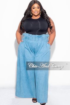 Non-stretch pants High-waisted Elastic waistband Denim Oversized Wide-leg Inseam is 29 inches 100% Cotton Hand wash cold Model is wearing a 2X Jeans For Big Belly, Denim Wide Leg Pants, Chic And Curvy, Denim Wide Leg, Big Belly, Wide Leg Denim, Stretch Pants, Light Denim, Leg Pants