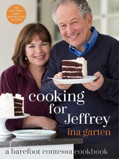 a man and woman are holding a plate with cake on it, the cover of cooking for lofty parents