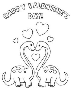 valentine's day coloring page with two dinosaurs and hearts on the back, in black and white