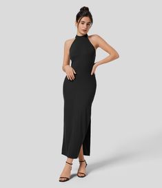 Women’s Ribbed Stand Collar Sleeveless Split Hem Bodycon Midi Casual Dress - Halara Slip Dress Beach, Midi Casual Dress, Curated Outfit, Effortlessly Chic Outfits, Dress Beach, Midi Dress Casual, Bleach Wash, Bodycon Midi, Ruched Dress