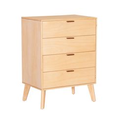 a wooden chest of drawers with three drawers on one side and two legs at the bottom