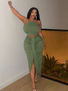 Army Green Sexy Collar   Plain  Embellished Medium Stretch  Women Plus Clothing Chic Green Summer Sets, Luxury Green Summer Set, Casual Green Sleeveless Set, Green Two-piece Set For Vacation, Two-piece Green Skirt For Beach, Plus Size Vacation, Embroidered Collars, Irregular Hem, Elegant Casual