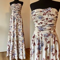 "Gorgeous 1970's Young Edwardian label boho floral strapless maxi dress. The dress is slip on style. Ruched elastic on the bodice. Beautiful floral print. Love the lace panel on the skirt. Feminine and romantic. In good vintage condition and freshly laundered. The only thing to note is the elastic may have lost some of its stretch over the years. But there is definitely still some there.  So pretty! Made of soft cotton.  Measurements taken while item was laying flat. marked a vintage size 5.  Bust: 16\" unstretched  Waist: 12\" unstretched Length: 54\"" Music Festival Wedding, 40s Style Dresses, Maxi Dress Boho, Boho Floral Maxi Dress, White Floral Maxi Dress, Max Dress, Pink Dress Women, Disco Dress, Edwardian Dress