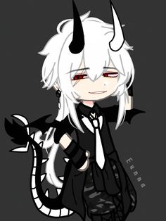 an anime character with white hair and horns on her head, holding a black bag