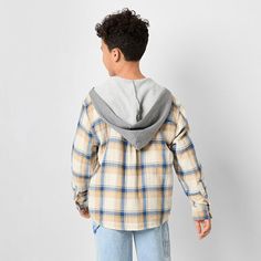 Made from 100% cotton, he'll feel comfortable and look cool in this Thereabouts little and big boys button-down flannel shirt. It's cut for a regular-fit and features a hood, long cuffed sleeves, and a chest slip pocket. Team it with jeans and sneakers for casual days.Features: HoodedClosure Type: ButtonFit: Regular FitNeckline: Hooded NeckPockets: 1 Chest Slip PocketSleeve Length: Long SleeveSleeve Style: Cuffed SleeveApparel Length: 25.12 Inches - FrontFiber Content: 100% CottonFabric Descrip… Casual Plaid Hooded Top, Plaid Cotton Hoodie For Streetwear, Plaid Cotton Hooded Hoodie, Casual Plaid Hooded Flannel Shirt, Winter Cotton Flannel Shirt For Streetwear, Hooded Plaid Cotton Top, Plaid Cotton Hooded Top, Plaid Hooded Cotton Top, Urban Style Hooded Cotton Tops