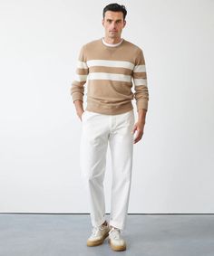 Cashmere Stripe Sweatshirt in Camel Stripe Sweatshirt, Cashmere Outfits, Crewneck Style, North Park, Cashmere Yarn, Striped Sweatshirts, Summer Stripes, Winter Sweatshirt, Holiday Sweater