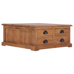 a wooden coffee table with four drawers on each side and black knobs at the top