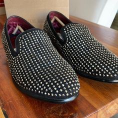 Brand New Black Leather Slip-on Shoes With Studded Rubber Outsoles, Black Rhinestone Slip-on Loafers, Black Slip-on Tassel Loafers With Textured Sole, Black Suede Slip-on Tassel Loafers, Studded Loafers, Black Patent Leather Slip-on Tassel Loafers, Shoes Steve Madden, Steve Madden Shoes, Slip Ons