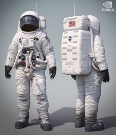 two astronauts in white spacesuits standing next to each other on a gray background