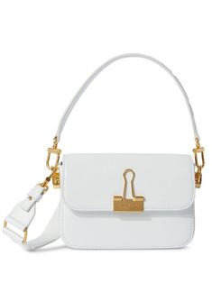 white leather gold-tone hardware adjustable detachable shoulder strap signature Binder Clip fastening foldover top with magnetic fastening rear patch pocket internal zip-fastening pocket Small Binder, Off White Bag, Off-white Logo, White Handbag, Small Shoulder Bag, Thom Browne, Jil Sander, White Bag, Rick Owens