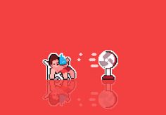 an image of a pixel art style character on a red background with the text,'i