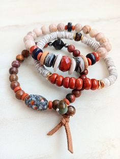 Bracelet Trio, Rainforest Jasper, Fossilized Coral, Red Jasper, Natural Red, Bracelet Stack, Beaded Bracelets, Coral, Jewelry Making