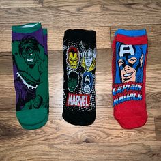 Set Of 3 Marvel Socks New Without Tags The Hulk And Captain America And One With 4 Marvel Heroes Fits Sizes 5-8 Marvel Socks, Marvel Accessories, The Hulk, Accessories Set, Marvel Heroes, Hulk, Captain America, Hosiery, Marvel