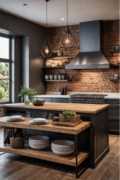 Elegant traditional kitchen with a mix of ornate cabinetry, marble countertops, and vintage-inspired hardware. Traditional Industrial Kitchen, Dark Accent Kitchen, New Orleans Kitchen Design, Natural Kitchen Design Earth Tones, Moody Country Home, Homestead Kitchen Design, Mystic Interior, Modern Industrial Kitchen Design