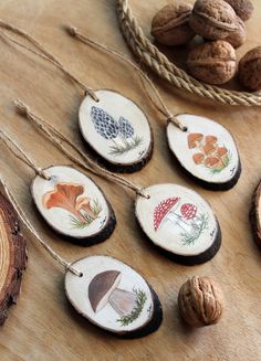 wooden slices with different designs on them sitting on a table next to walnuts and nuts