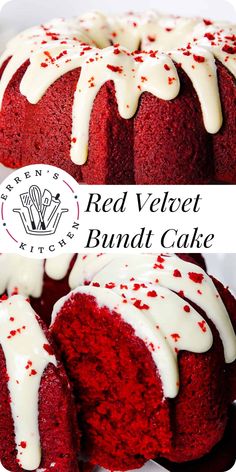 red velvet bundt cake with white icing and sprinkles