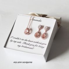 "This gorgeous set is made with AAA top clear cubic zirconia posts with Pink Morganite crystals setting in rose gold, gold, and white gold (silver colored) plated settings. They are tarnish resistant, have beautiful long lasting colors, and are nickel and lead safe, great for sensitive skin. Default stone color is Pink Morganite as shown (#10), if you prefer other stone pendant color, you can see last picture for stone colors and leave a note for the color number you want at checkout. Earrings m Delicate Rose Gold Bridesmaid Jewelry, Anniversary Rose Gold Crystal Jewelry, Rose Gold Cubic Zirconia Jewelry Set With Matching Earrings, Rose Gold Cubic Zirconia Jewelry With Matching Earrings, Dainty Cubic Zirconia Jewelry Set For Gift, Personalized Crystal Jewelry For Wedding, Rose Gold Crystal Jewelry For Bridesmaids, Elegant Rose Gold Jewelry Sets For Gifts, Rose Gold Cubic Zirconia Earrings For Bridesmaids