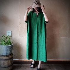 Casual Vintage Green Linen Summer Dress with V-Neck Collar Relaxed Fit V-neck Linen Dress For Summer, Casual Linen V-neck Maxi Dress, Summer V-neck Relaxed Fit Linen Dress, Green V-neck Linen Dress, Relaxed Fit V-neck Linen Dress With Pockets, Linen Harem Pants, Summer Pants Women, Summer Bottoms, Harem Pants Women