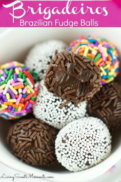 chocolate trufce balls in a white bowl with sprinkles on top