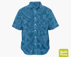 "IF YOU NEED YOUR ITEMS TO ARRIVE BY SPECIFIC DATE PLEASE UPGRADE TO EXPRESS SHIPPING AT THE CART. This gorgeous Polynesian short sleeve men's dress shirt is featuring blue tribal design on slightly light blue background. Polynesian symbols used: Spear heads: represents courage and fight. Shark teeth: represents guidance, power and shelter. If you would rather this shirt was in another color or combination of colors please get in touch and let me know and I will do my best to accommodate you. Th Blue Collared Shirt With All Over Print, Blue Hawaiian Tops With All Over Print, Blue Hawaiian Top With All Over Print, Blue Hawaiian Shirt With All Over Print, Polynesian Symbols, Polynesian Dress, Button Up Shirt Men, Spear Head, Mens Dress Shirts