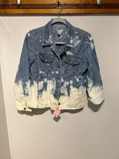 Size Medium. Super cute pattern on this up-cycled bleached jean jacket.  It is perfect for embellishing as a bride to be! Or to wear for any season.  +pockets  This piece pictured is what will ship to you! Acid Wash Cotton Denim Jacket With Long Sleeves, Spring Casual Bleached Denim Jacket, Casual Bleached Denim Jacket For Spring, Long Sleeve Bleached Denim Jacket For Spring, Trendy Bleached Denim Jacket For Spring, Bleached Denim Jacket For Spring, Bleached Long Sleeve Denim Jacket For Spring, Casual Bleached Cotton Denim Jacket, Spring Trendy Bleached Outerwear