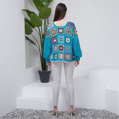 Blue Crochet Woman Jacket Knitted Kimono Granny Square - Etsy Turkey Handmade Sweater, Vibrant Eyes, Crochet Jacket, Crochet Woman, Eye Catching Colors, Soft Textures, Cold Day, Cardigans For Women, Granny Square