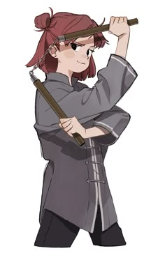 an anime character with red hair holding a baseball bat