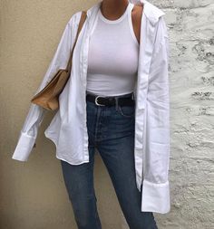 White Tank Top Outfit, Jeans Tank Top, White Shirt Outfits, Outfit Jeans, 가을 패션