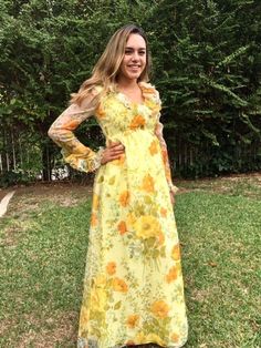 Long chiffon dress, 1960s, yellow, maxi dress, formal, yellow flowers, 11, 4,6,Formal dress Yellow Chiffon Maxi Dress For Evening, Yellow Chiffon Evening Maxi Dress, Formal Yellow Maxi Dress, Yellow Fitted Maxi Dress For Prom, Yellow Maxi Dress For Spring, Yellow Floor-length Maxi Dress For Spring, Yellow Chiffon Floor-length Maxi Dress, Fitted Yellow Chiffon Maxi Dress, Yellow Floral Print Maxi Dress For Wedding