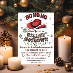 a holiday party flyer with candles and pine cones on the table in front of a christmas tree