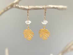 Monstera Leaf Herkimer Diamond Earrings Dangle, Gold Leafy Dangly Drop Boho Handmade Earrings, Raw Crystal Jewelry Bridesmaid, Gardener Gift - Etsy Everyday Leaf-shaped Jewelry With Matching Earrings, Minimalist Leaf-shaped Jewelry With Matching Earrings, Elegant Leaf-shaped Everyday Jewelry, Elegant Everyday Leaf-shaped Jewelry, Leaf-shaped Jewelry With Matching Earrings, Leaf-shaped Jewelry With Matching Earrings For Gift, Handmade Dainty Gold Crystal Earrings, Handmade Delicate Gold Plated Earrings, Gold Handmade Nature-inspired Jewelry