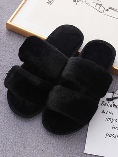 Black-2  Collar     Embellished   Women Shoes Comfy Flat Synthetic Slippers, Comfortable Black Super Soft Slippers, Comfortable Super Soft Flat Slippers, Comfortable Trendy Slippers With Round Toe, Comfortable Trendy Round Toe Slippers, Trendy Comfortable Round Toe Slippers, Super Soft Open Toe Winter Slippers, Winter Synthetic Slide Slippers, Soft Black Round Toe Slippers